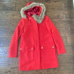 J.Crew Vail Parka Coat Women's 0 Red Hooded Wool Blend Faux Fur